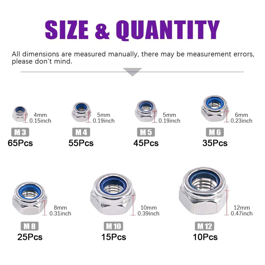lanema 250Pcs 3/4/5/6/8/10/12mm Stainless Steel Metric Locknut Hexagon Self locking Nut