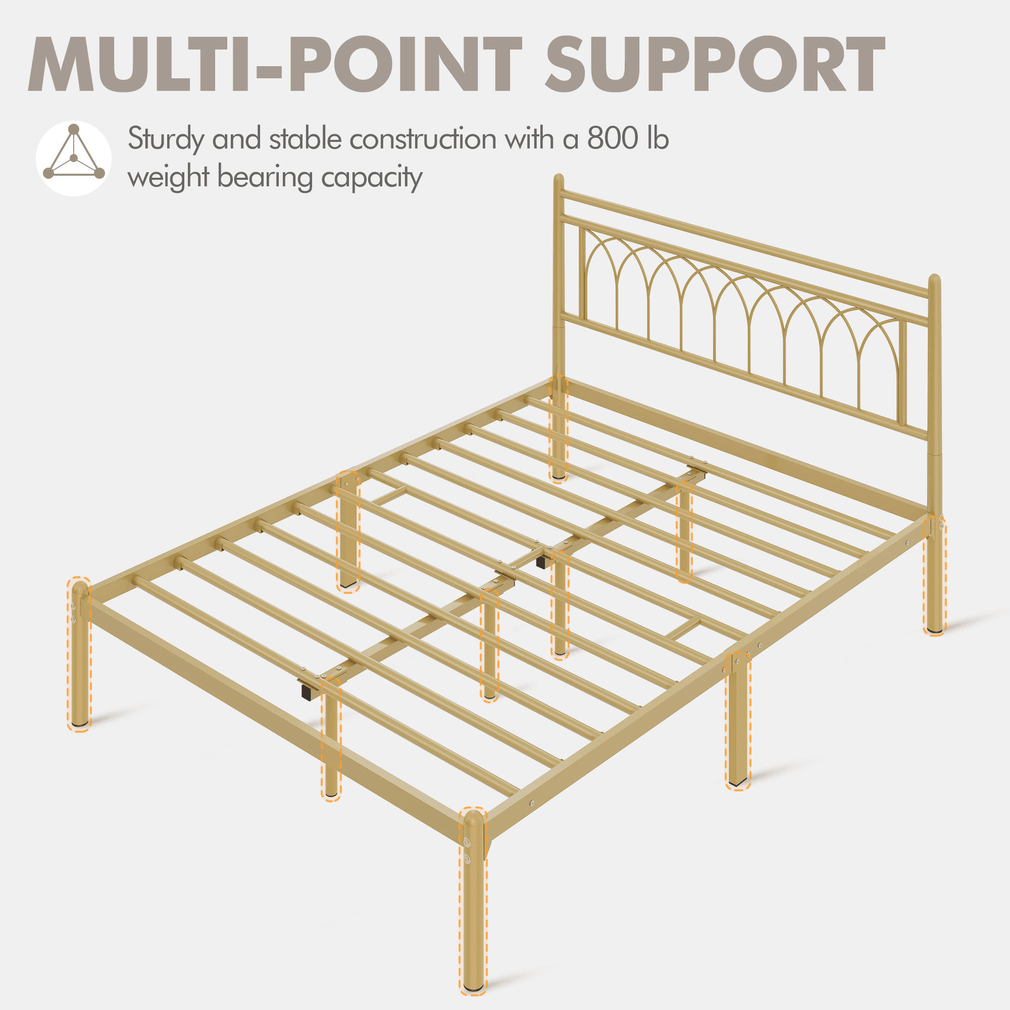 Renwick Jasmine Modern Metal Bed Frame with Petal Accented Headboard, Queen, Antique Gold