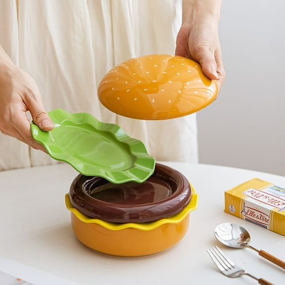 Hamburger-Shaped Ceramic Dinnerware Set 5-Piece Tableware Kit for Food-Safe Plates,Bowls & Cups & Home & Picnic Use Easy to Clean