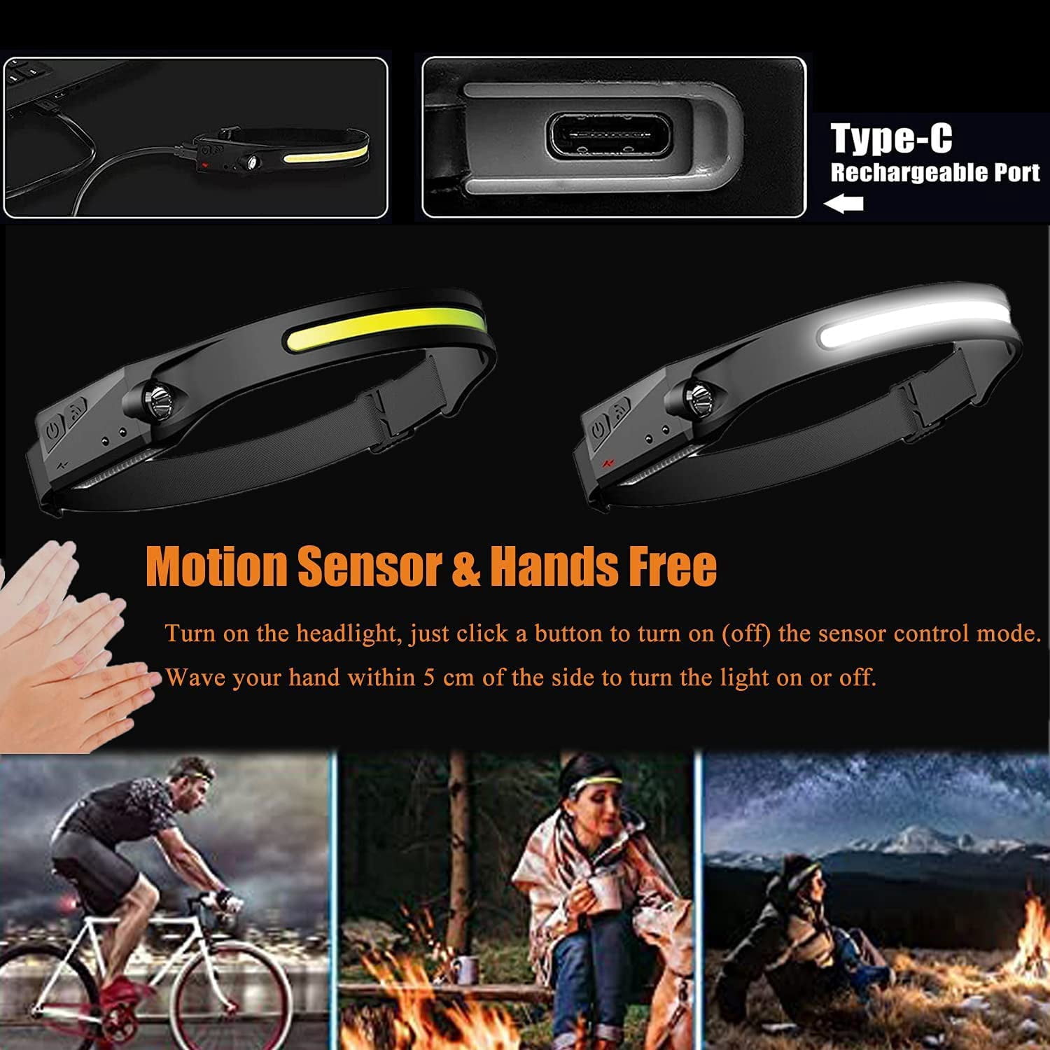 Headlamp Rechargeable Camping Accessories Gear, 230° Head Lamp LED with Motion Sensor, Nite Buddy Headlight Fishing Gear, Waterproof Work Light Flashlight for Camping, Hiking, Repairing