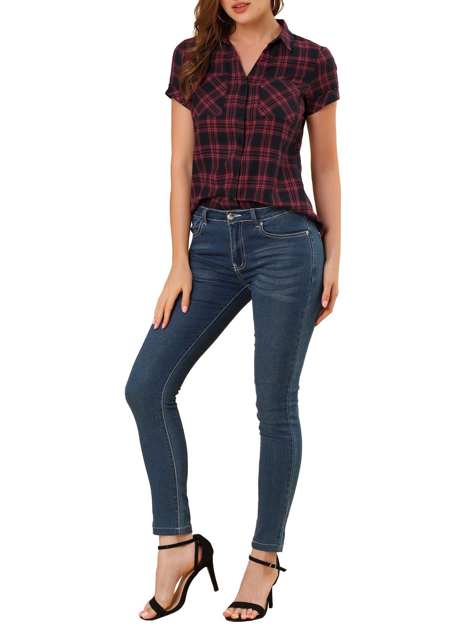 DARING DIVA Women's Casual Boyfriend Plaid Button Down Flannel Shirt M Red Black