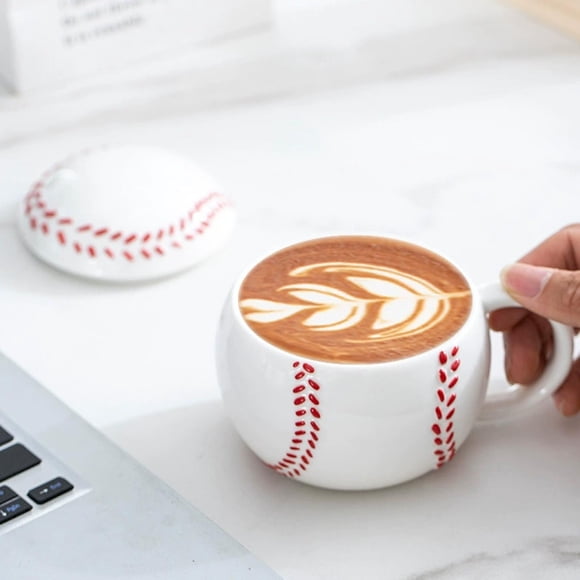 Sports Ceramic Mug with Lid for Coffee or Tea, Baseball and Soccer Design, Gift for Sports Fans