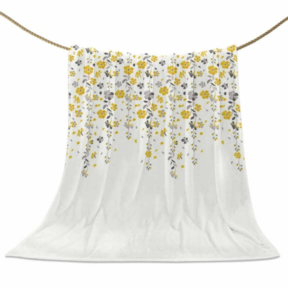 Flannel Fleece Blanket Yellow Gray Floral Super Soft Warm Cozy Throw Blanket Spring Flowers Bed Couch Car Blankets for All Season 60" x 80"