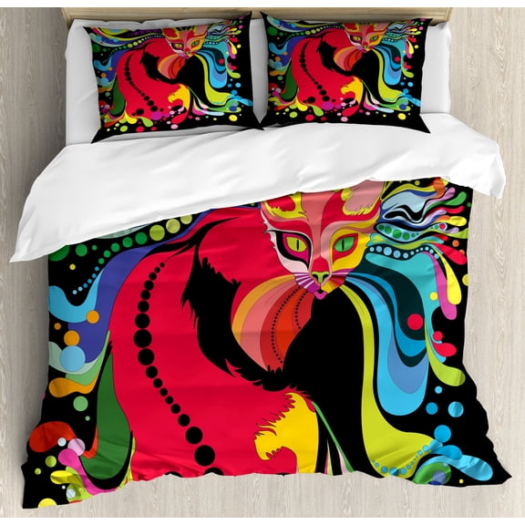 Psychedelic Queen Size Duvet Cover Set, Futuristic Kitty Visual Print Fluid Swirling Color Burst Motifs Kitty Graphic, Decorative 3 Piece Bedding Set with 2 Pillow Shams, Multicolor, by Ambesonne
