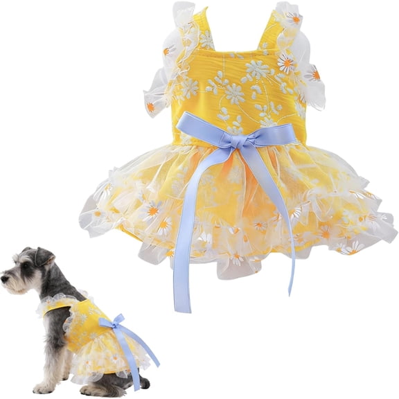 HQREA Yellow Daisy Small Dog Dress Summer Girl Dog Clothes Puppy Outfits for Wedding Birthday Party