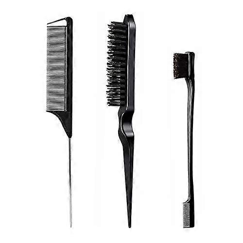 Juego de 3 peines para peinar el cabello con cepillo para bordes, peine voluminizador y peine de cola de rata para un peinado preciso (Negro)