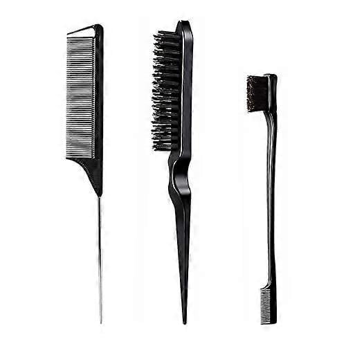 Juego de 3 peines para peinar el cabello con cepillo para bordes, peine voluminizador y peine de cola de rata para un peinado preciso (Negro)