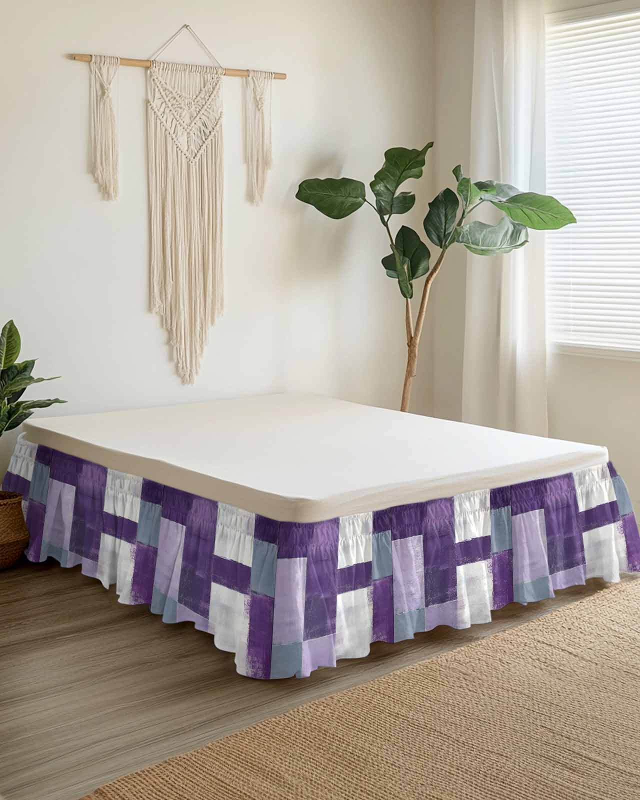 Abstract Purple Bed Skirt King Size 18" Drop Gray Gradient Graffiti Color Block Modern Art Ruffled Wrap Around Bed Skirts Adjustable Elastic Bedskirt Dust Ruffle for King Size Bed