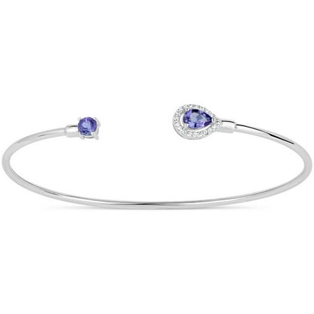Genuine Amethyst and White Topaz Sterling Silver Rhodium-Plated Pear-Shaped Halo End and Round End Cuff Bangle
