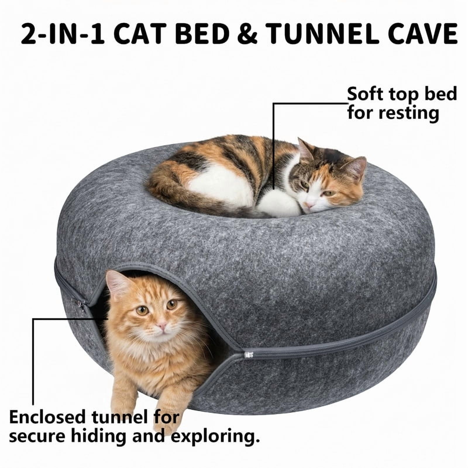 2-Pack 24" Cat Cave Bed for Large Cats – Felt Cat Tunnel Bed, Dark Gray & Gray