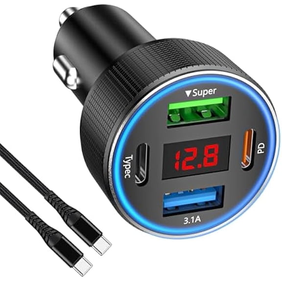 USB C Car Charger, 78W 4 Port Car Phone Charger Adapter Fast Charging, Dual USB C Car USB Adapter for iPhone 16 15 14 13 12, iPad, Samsung Glaxy, Android (Black & Cable)