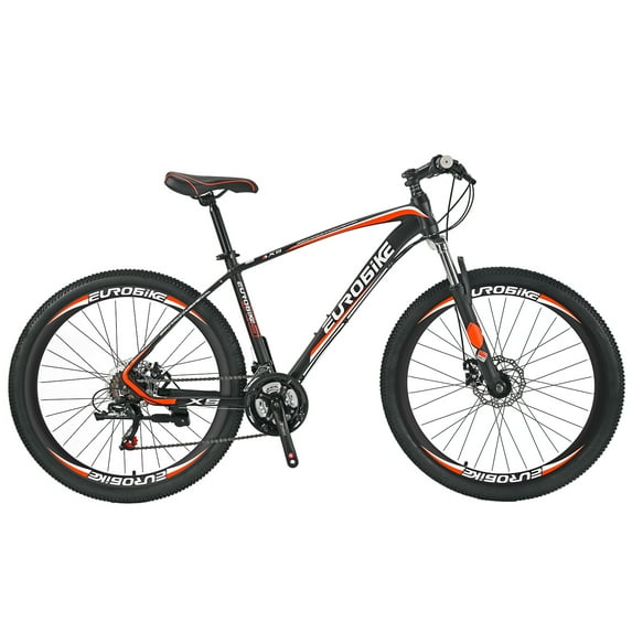 Mens Mountain Bike Eurobike X5 Aluminum Frame 27.5 Inch, 21 Speed Shifter Disc Brakes, Mens Bicycle Adult Orange