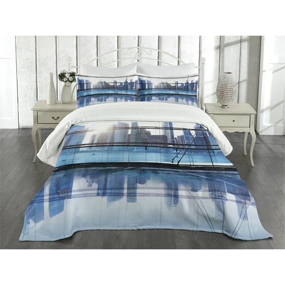 Ambesonne Cityscape Quilted Bedspread Set 3 Pcs, View with Skyscrapers, Queen Size, Pale Blue White