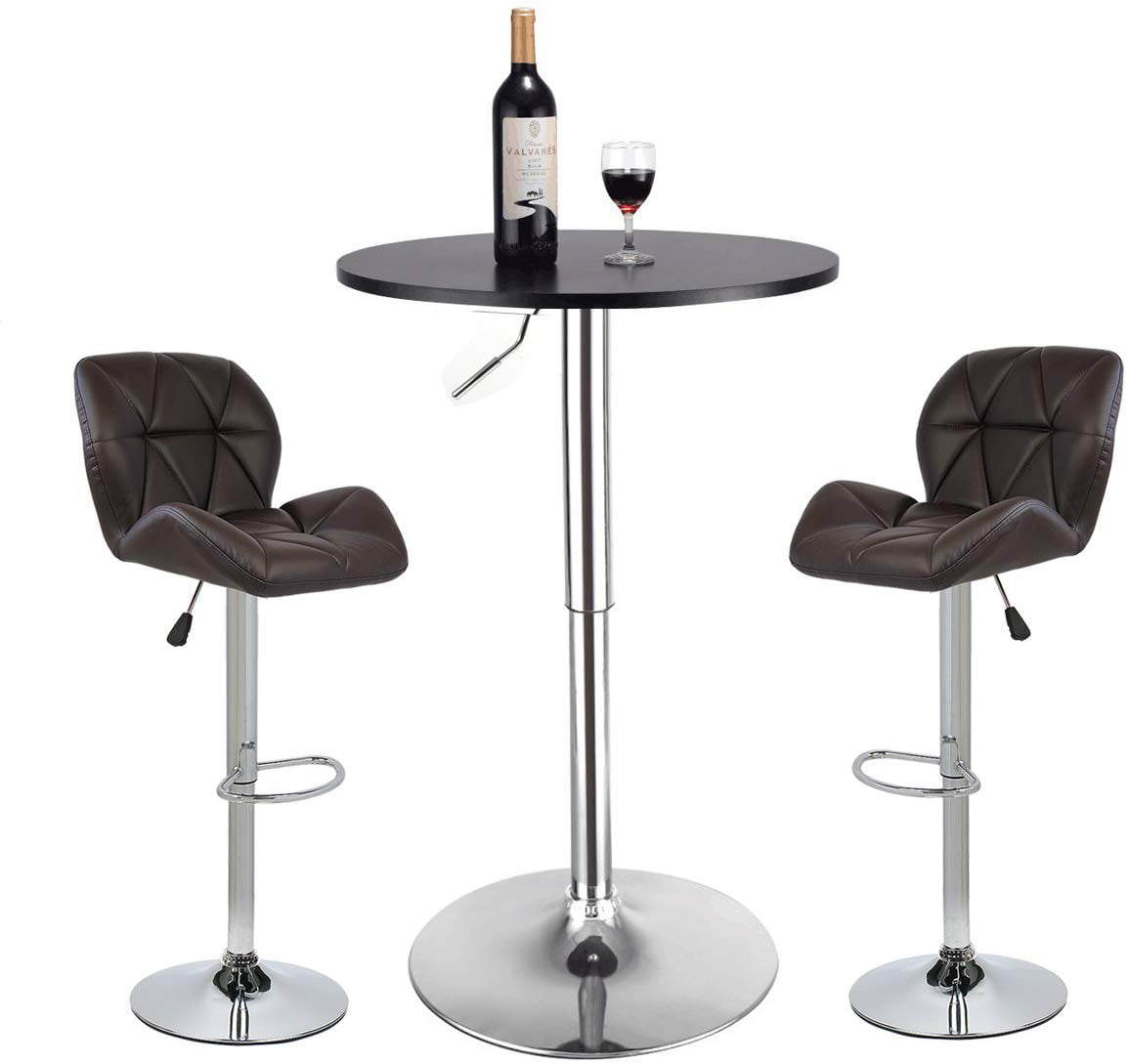 Brown Office Round Cocktail Table and PU Leather Adjustable Swivel Chairs COSTWAY 3-Piece Bar Table Set Modern Counter Height Table Set with 2 Bar Stool for Kitchen