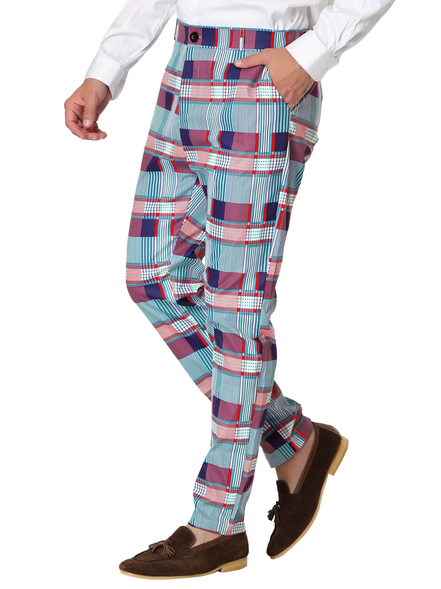 Unique Bargains Men's Plaid Printed Straight Leg Business Casual Checked Pants 34 Multicolor