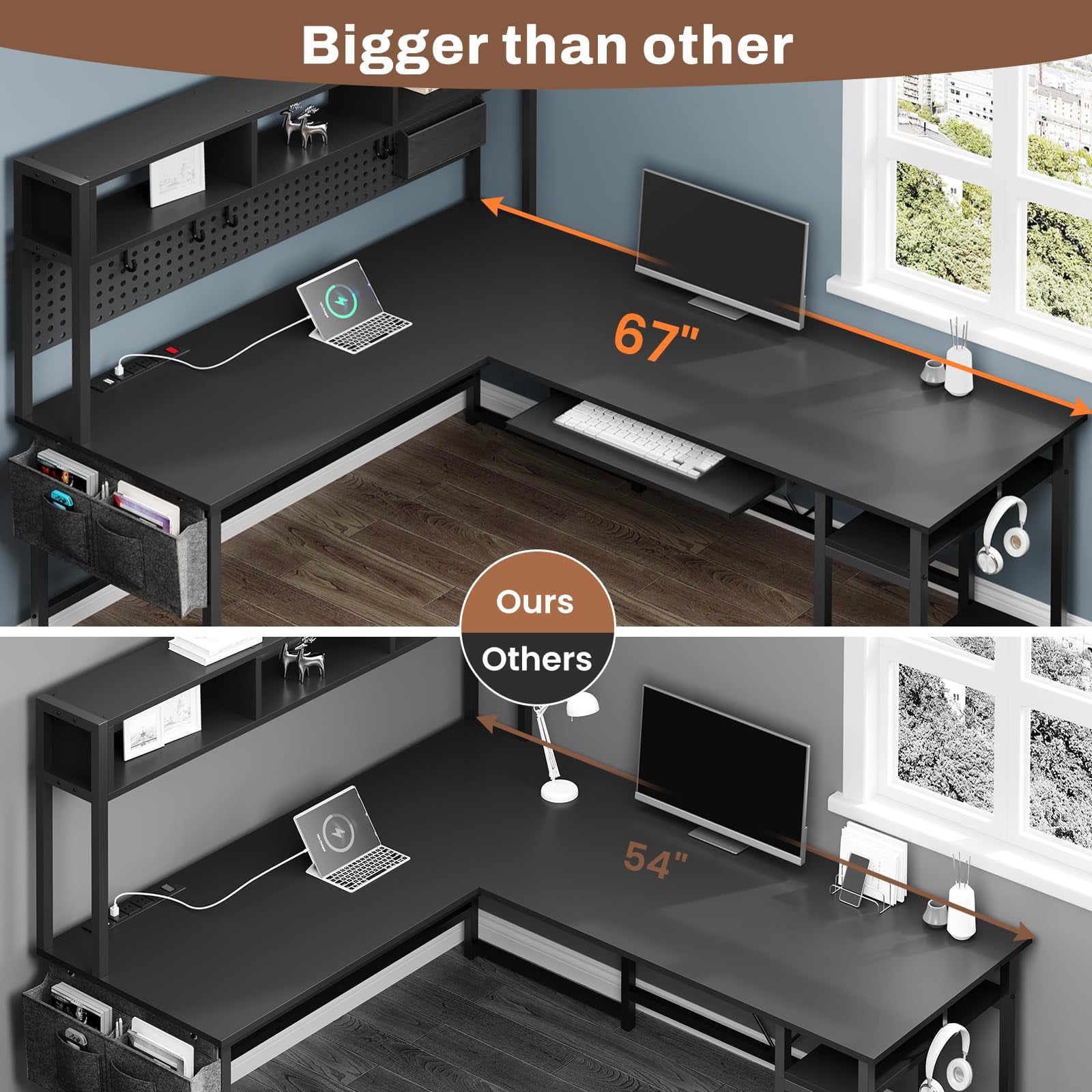 SEDETA L Shaped Gaming Desk, Reversible Corner Computer Desk with Power Outlet, Pegboard, LED Lights, Keyboard Tray & Storage Bag, Black
