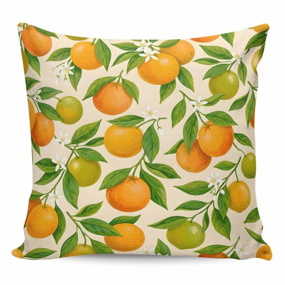 Throw Pillow Covers 20x20 Inch, Green Orange Decorative Pillow Cases for Couch Sofa Bed, Summer Botanical Leaves Watercolor Cotton Linen Square Home Decor Pillowcases with Hidden Zipper