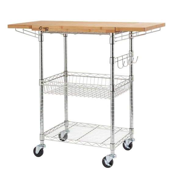 Trinity Pro Storage Expandable Bamboo Kitchen Cart Chrome