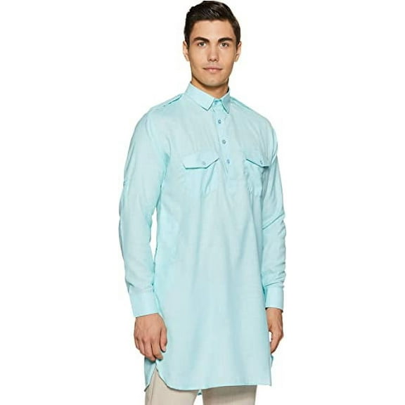 Devyom Men's Cotton Pathani Regular Fit Kurta (Firozi, 38)