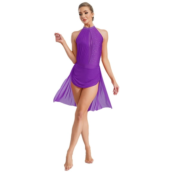 renvena Women Lyrical Dance Costume Sleeveless Rhinestones Asymmetrical Figure Ice Skating Dress Purple XXL