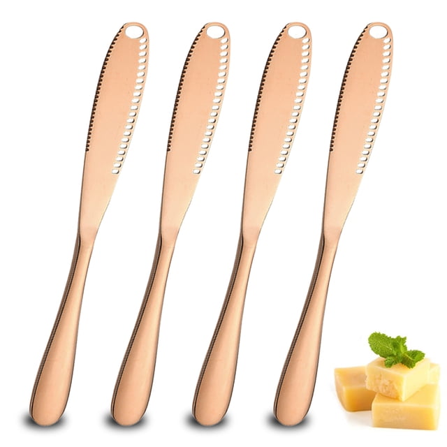 4 cuchillos para mantequilla, cuchillo para mantequilla de acero inoxidable duradero de color sólido con bordes y agujeros dentados, cuchillo para mantequilla multifunción, cuchillo para mermelada de