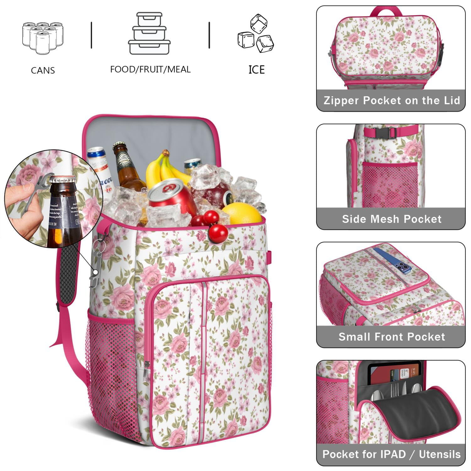 Travel Cooler Bag - Pioneer Flower Floral Print Pattern Camping Beer Cooler Backpack with Bottle Opener- Waterproof Insulated Picnic Backpacks - Cooler Bag for Beach
