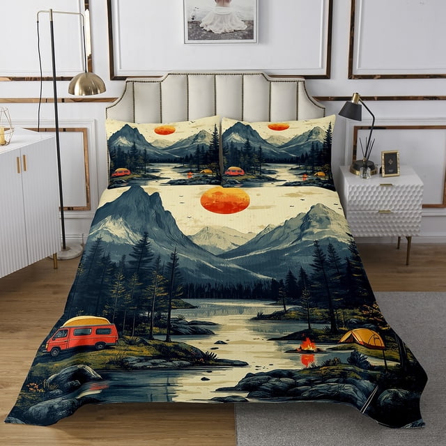 Erosebridal Adult Camping Coverlet Set Twin, Lake Scenery Bedding Set, Rustic Landscape Decor, 2-Piece