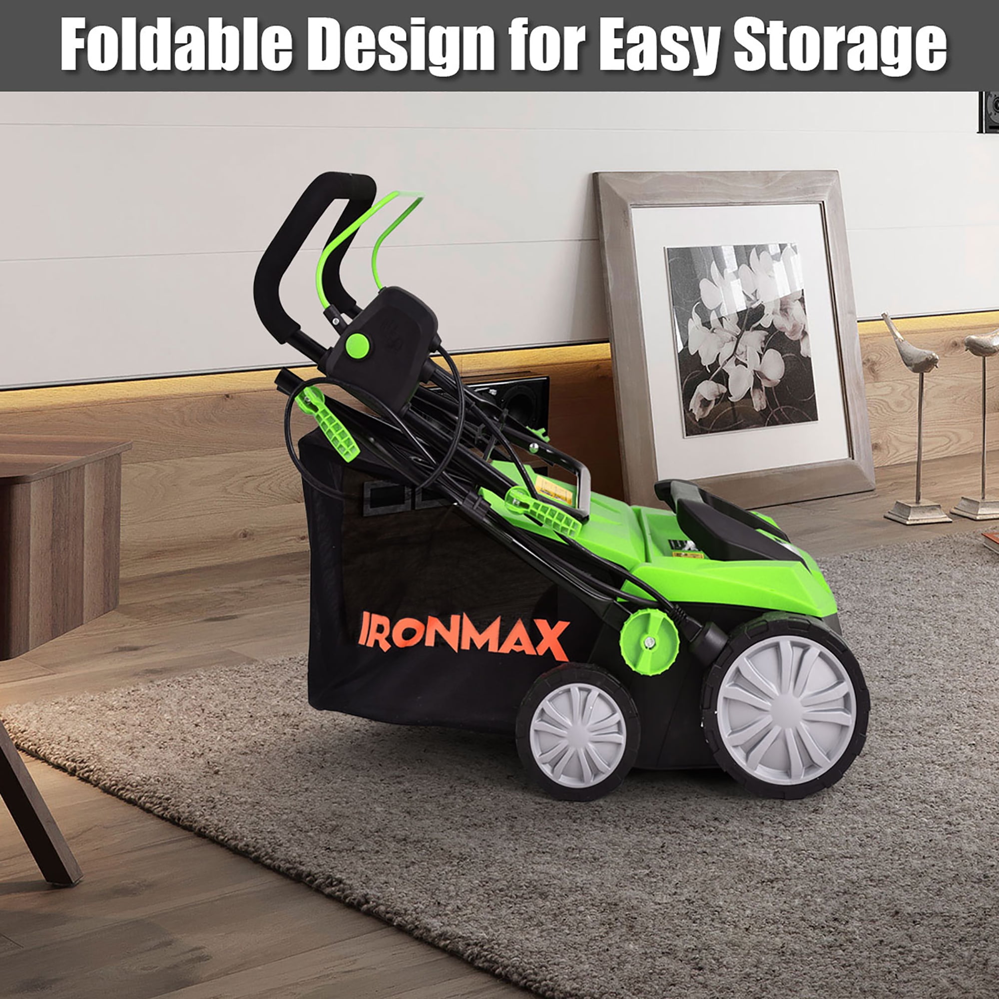IronMax 13Amp Corded Scarifier Width 15" Electric Lawn Dethatcher w/50L Collection Bag Green