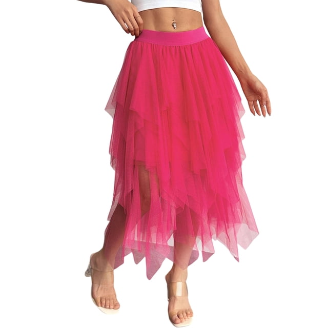 Womens Irregular Mesh Tulle Skirt High Waist Versatile Slimming Layered Tutu Skirt Rose Red S