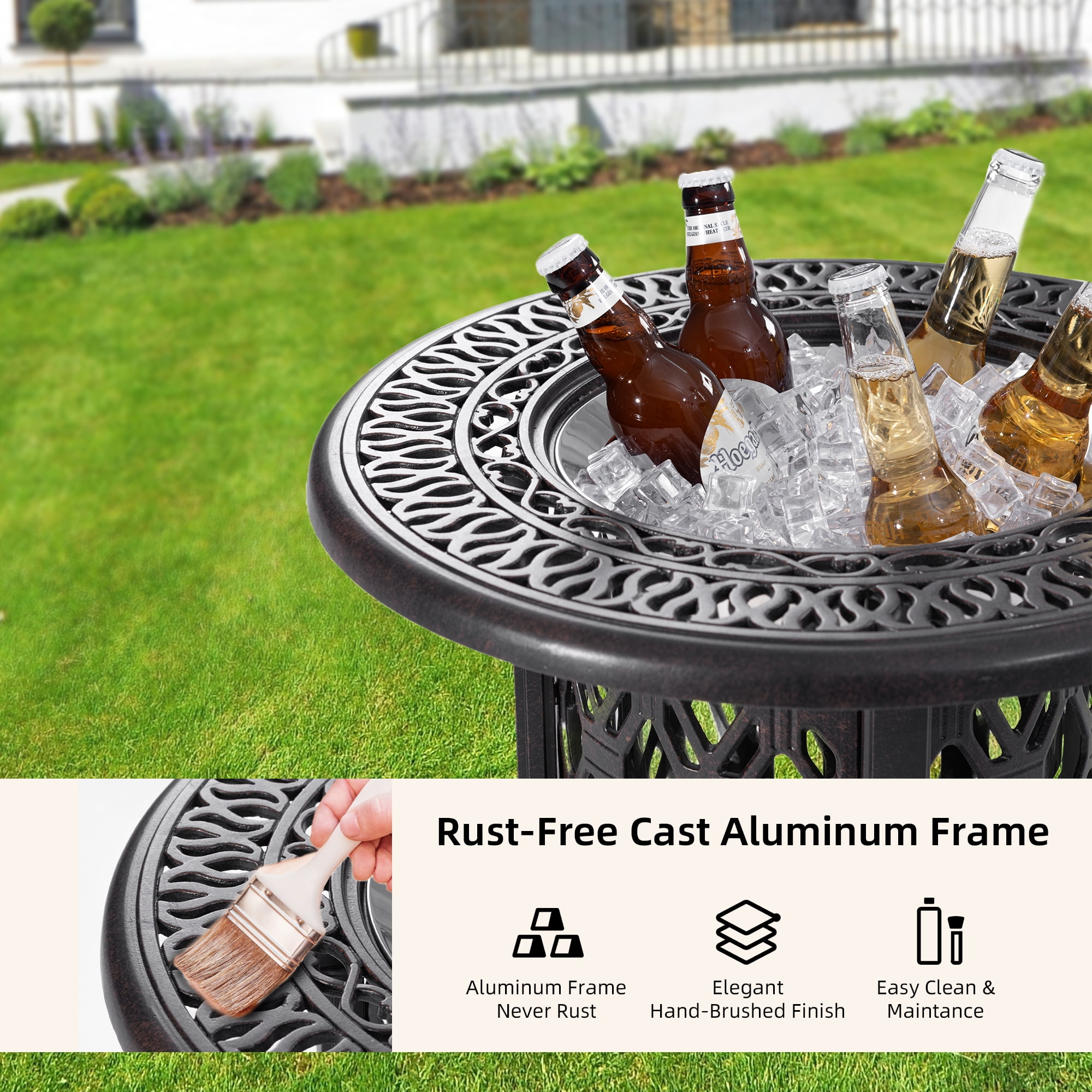 Patio Cooler Bar Table,Side Table With Removable Ice Bucket for Indoor & Outdoor, Patio, Balcony,Bronze