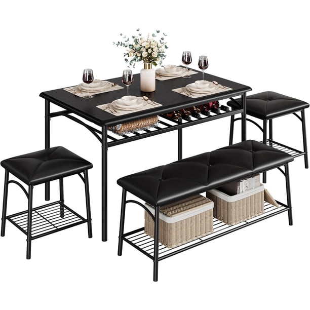 4-person dining mesa set: kitchen mesa con forrado bench, square stools, y almacenamiento para small apartment (negra)