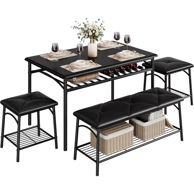Bingirl 4-Person Dining Table Set: Kitchen Table with Upholstered Bench, Square Stools, and Storage for Small Apartment (Black)