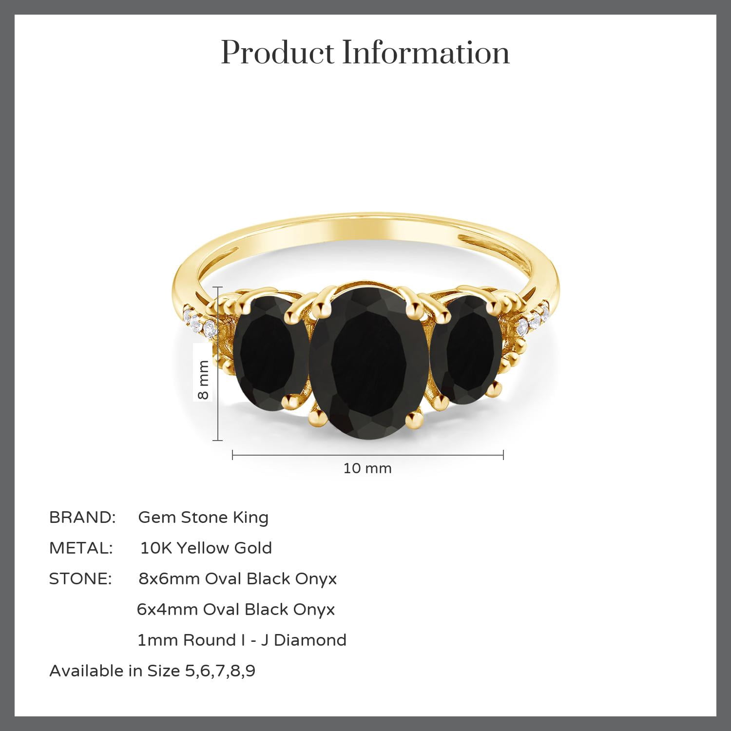 Gem Stone King 10K Yellow Gold Black Onyx and Diamond 3-Stone Engagement Ring | 2.44 Cttw | Gemstone Birthstone | 3 Stone Wedding Engagement Anniversary Promise Ring for Women (Size 9.5)