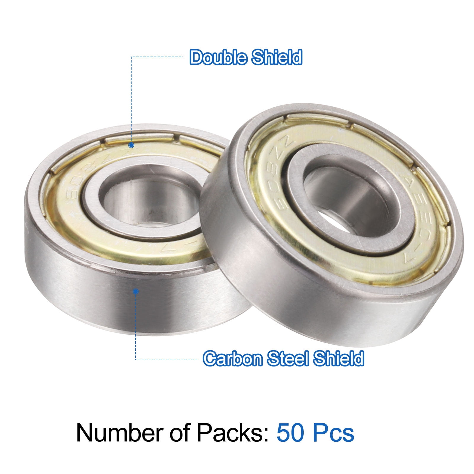 Uxcell 50 Pcs 608ZZ Deep Groove Ball Bearings 8x22x7mm Double Shield Bearings C3