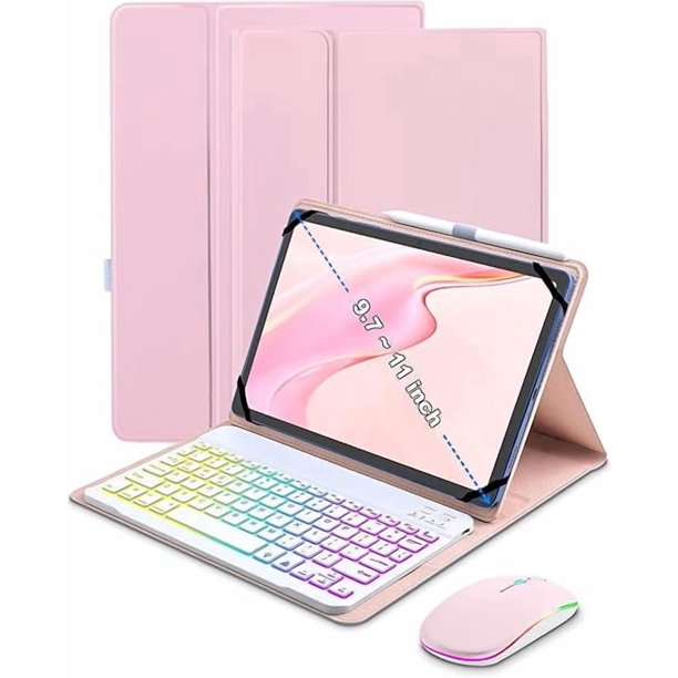 Funda con Teclado Retroiluminado de 7 Colores con Mouse para Tabletas iPad y Android de 9.7-11", Rosa