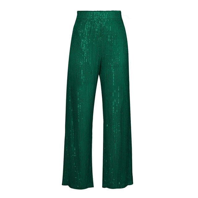 SUNSIOM Pantalon Large pour Femmes, Surface Décorée à Sequins, Taille Haute Élastique pour Femme