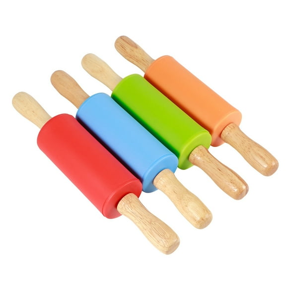 Fyydes Cookies Rouleau, Mini Rouleau à Pâtisserie, 4pcs Mini Rouleau à Pâtisserie Poignée en Bois Non&8209; Bâtonnets de Silicone pour la Maison Cuisine Enfants Outil de Cuisson