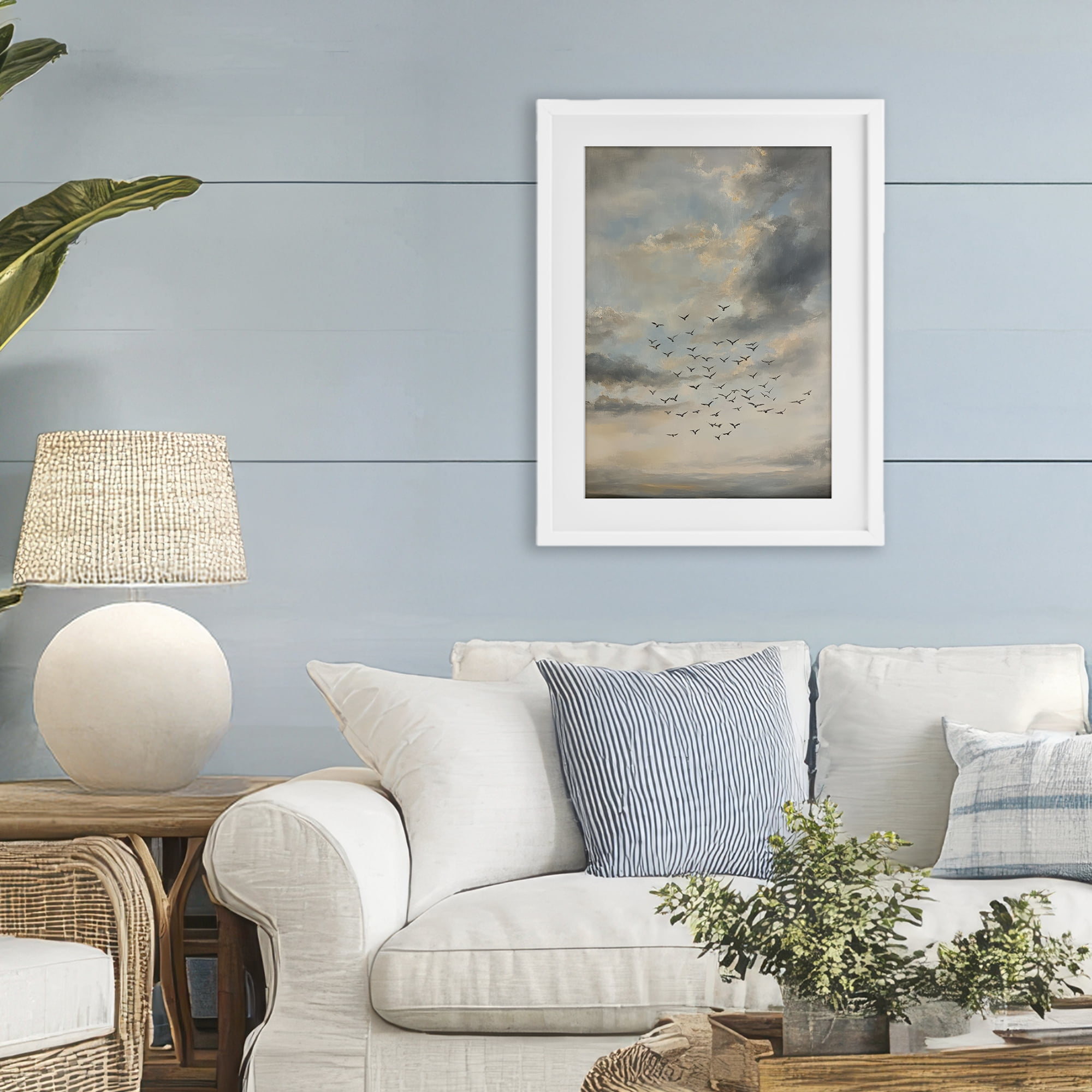 Stupell Industries Birds in the Clouds at Dusk White Framed Print Under Glass, design by Petal Prints Design