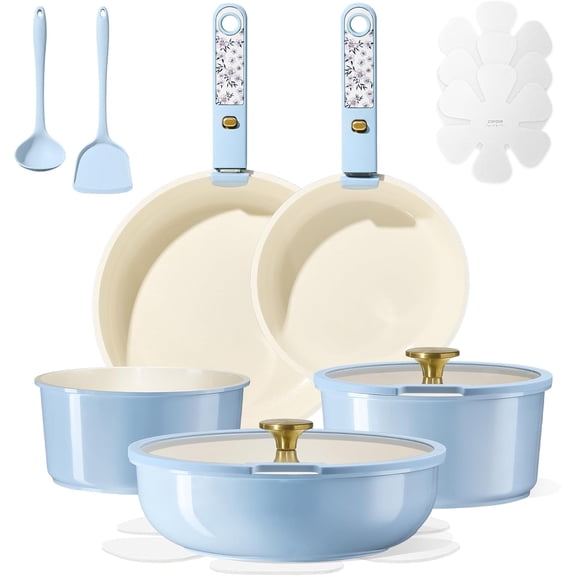 Ceramic Cookware Set, Pots and Pans Set Non Stick, Kitchen Cooking Set with Detachable Handle, Non Induction Cookware, Dishwasher/Oven