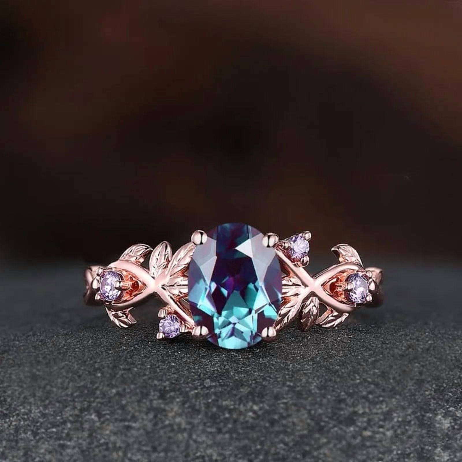 Oval Cut Alexandrite Ring in 14K Black Gold Vermeil- Leaf Inspired Amethyst Engagement Ring- Promise Ring for Woman