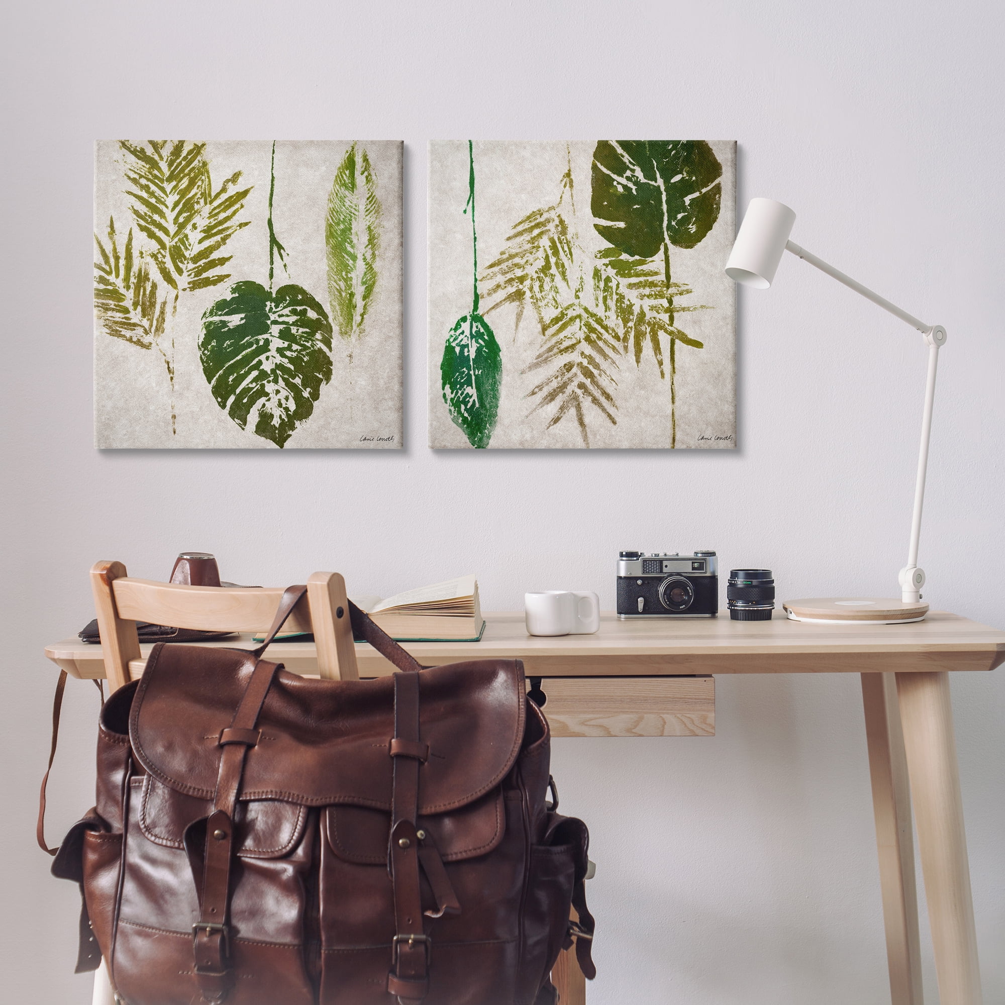 Stupell Industries Monstera Stamped Palm Leaves Plants & Flowers Painting Wrapped Canvas Art Print Wall Art, 24 x 24, Set of 2