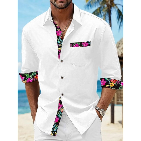 Men's Button Down Shirts Long Sleeve Casual Shirts Summer Beach Shirts Vacation Wedding Shirts with Pocket White L