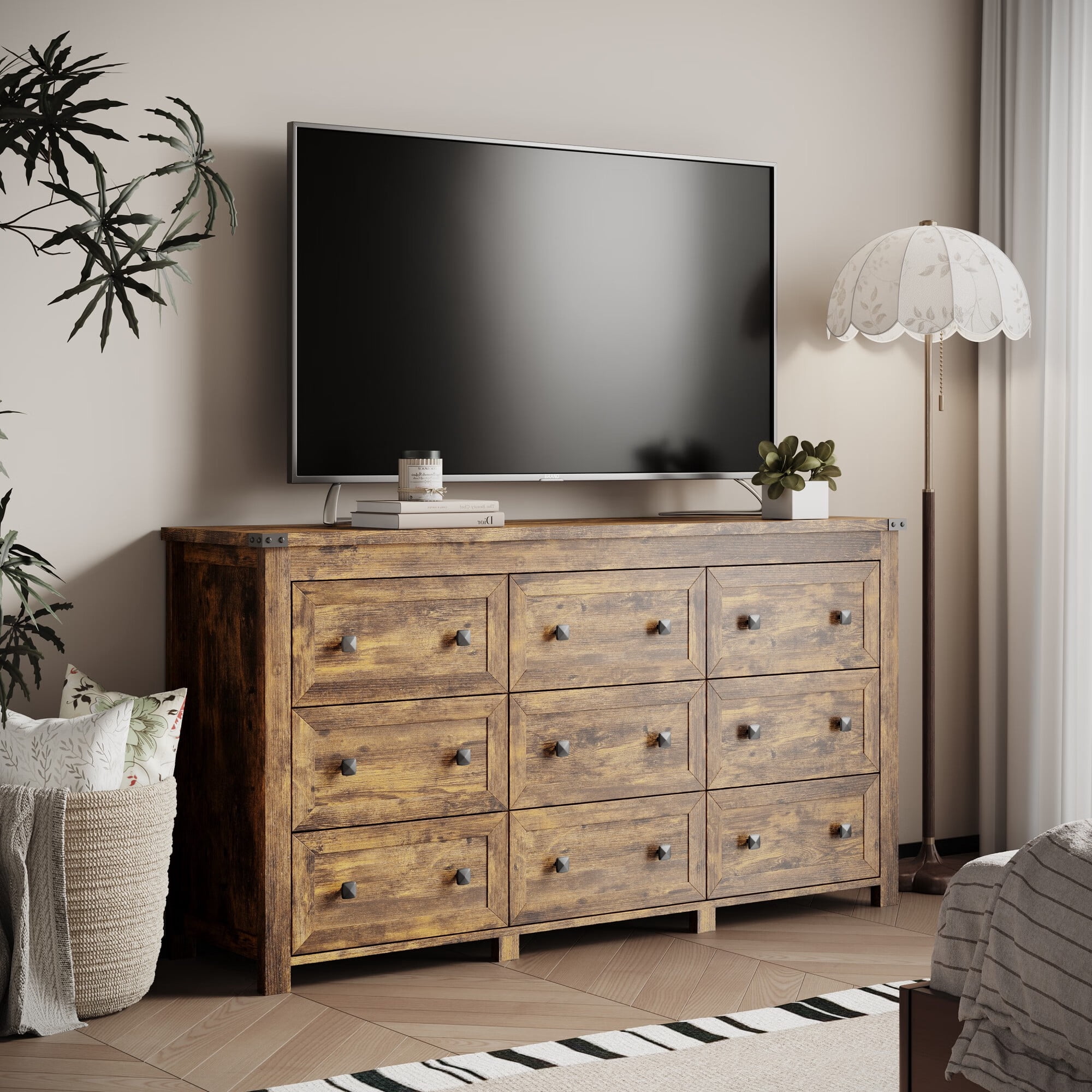 FANRAL Dresser for Bedroom with 9 Drawers,Wood Metal Handle Closet Storage Cabinet,Wide TV Stand Chests of Drawers,Brown Dresser