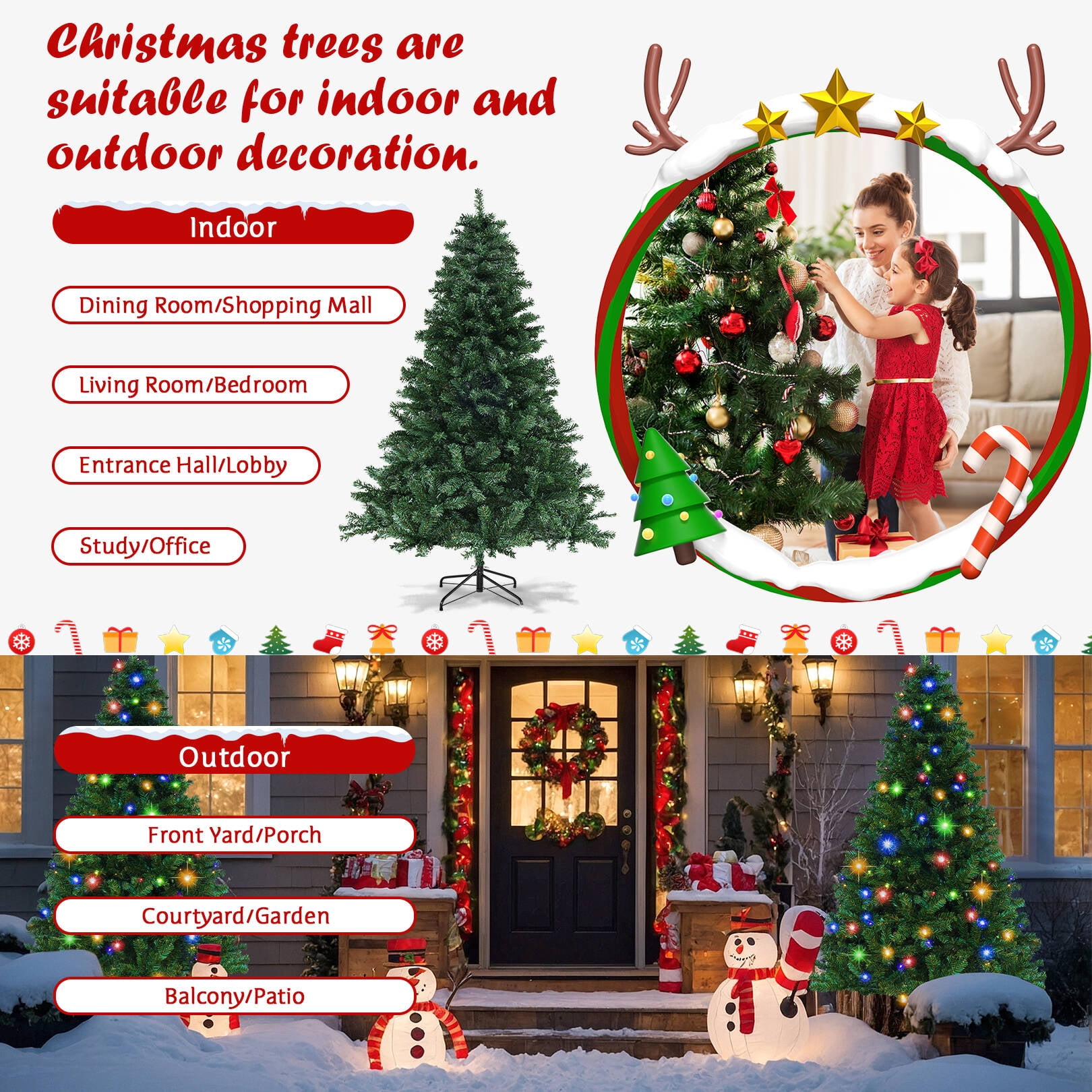 Funcid 6ft Pre-Lit Green Artificial Christmas Tree with 250 Colorful LED Lights and 1477 Branch Tips, Hinged Full Christmas Tree w/ Foldable Metal Stand, 8 Light Sequences for Home Holiday Decoration