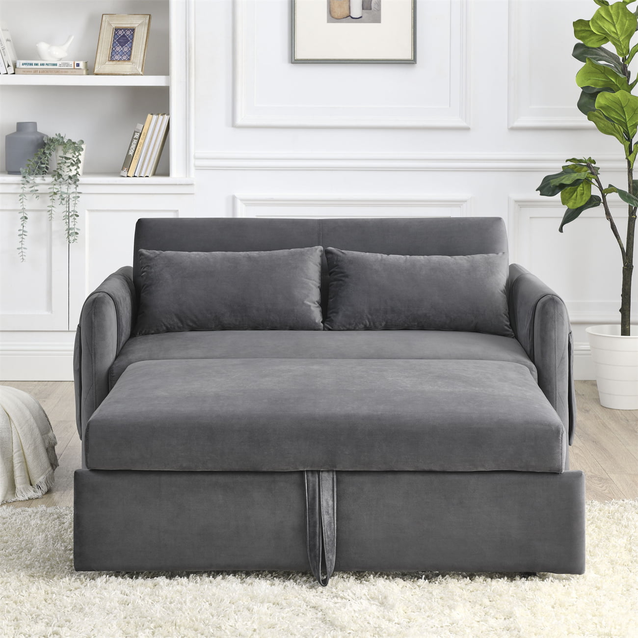 Acht kaping grijs 55" Convertible Sofa Bed, Velvet Loveseat Sofa with 2 Detachable Arm  Pockets, Sofa Couch with Pull Out Bed, 2 Pillows and Adjustable Backrest,  Living Room Sofa with Grid Design Armrests, Black - Walmart.com