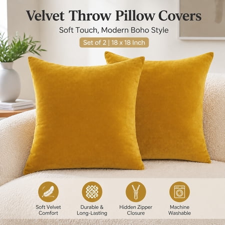 Mustard Yellow Throw Pillow Covers Set of 2 18x18 Inch Soft Velvet Farmhouse Decorative Cushion Covers for Couch Sofa Bed Fall Boho Home Decor