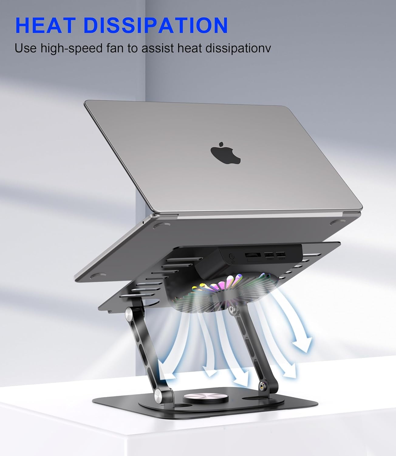Laptop Stand,with 360°Rotating Base,External Cooling Fan,Adjustable RGB Lighting,Ergonomic Foldable Notebook Computer Holder.Compatible with All 10-17" Laptops Tablets,Black​