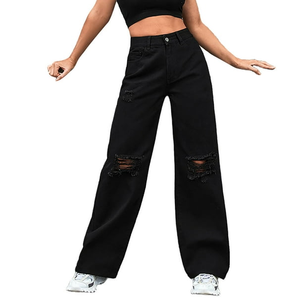 Gibobby Jeans mujer cintura alta Mujer Casual Suelto Rasgado Botón Cremallera Bolsillo Pierna recta Pantalones de pierna ancha Jeans(Negro,G)