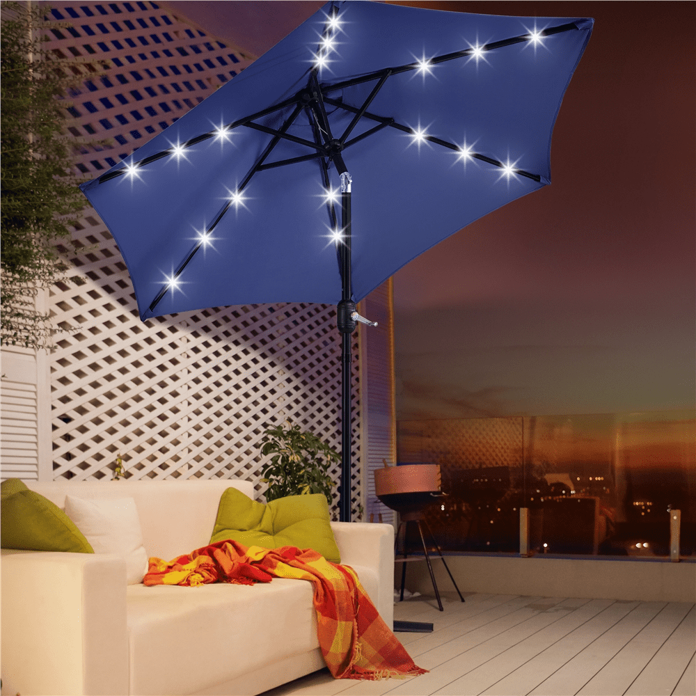 Renwick 7.5Ft Patio Market Umbrella with 18 LED Lights, Navy Blue