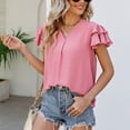 thumbnail image 3 of Women Layered Ruffle Sleeve Top Casual V Neck Plain Color Dressy Summer Pullover Blouse Pink L, 3 of 6
